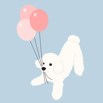 Simple and cute playful white Poodle holding balloons flat colored Stock Illustration