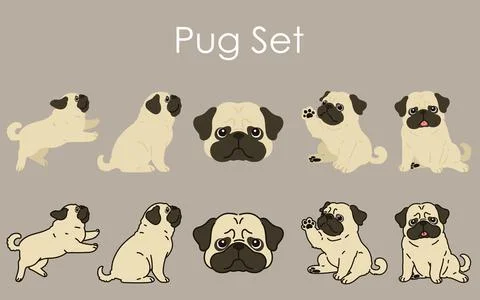 Simple and cute Pug illustrations set Stock Illustration