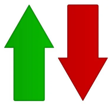 Simple up and down arrows. Upward, downward arrows in green and red Stock Illustration
