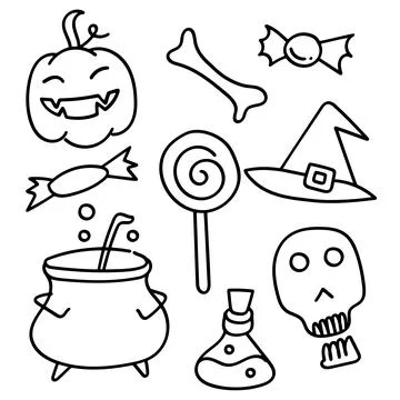 Simple and fun set of hand-drawn line art doodle icons for Halloween.. Vect.. Stock Illustration