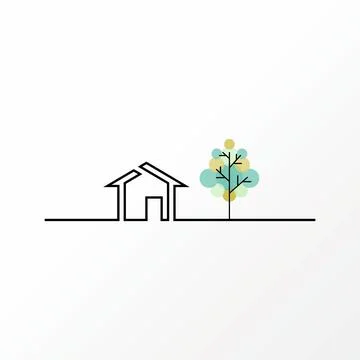 Simple and unique house and tree on flat line image graphic Stock-Illustration