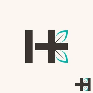 Simple and unique letter or word H sans serif font with red cross and leaves Stock Illustration
