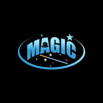 Simple and unique word MAGIC with magic wand, hat, and many stars Stock Illustration