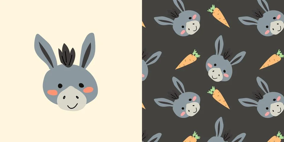 Simple animal donkey and pattern with baby animal and carrot Stock Illustration