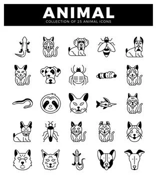 Simple animal icons in a grid layout on a white background. Stock Illustration