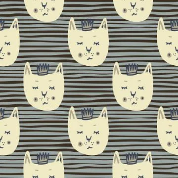 Simple animal seamless pattern with light king cat faces. Contrast background Illustrazione stock