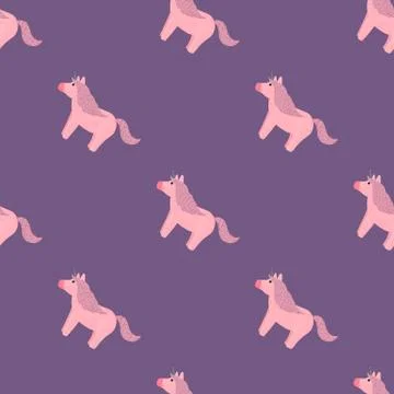 Simple animal seamless pattern with unicorn elements. Pink pony silhouettes o Stock Illustration