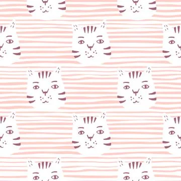 Simple animal seamless pattern with white cat faces. Background with pink str Stockillustratie