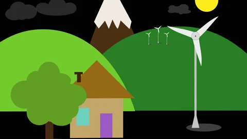 Simple animation with rotating wind turbines and wind in air on black background Stock-Footage 132373539