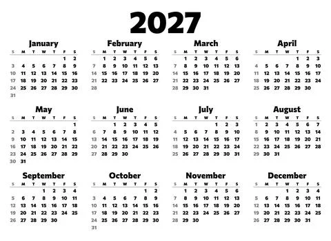 Simple annual calendar template for year 2027 in English Stock Illustration