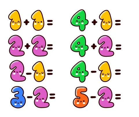 Simple arithmetic examples with funny cute numbers. Vector hand drawn cartoon Illustrazione stock