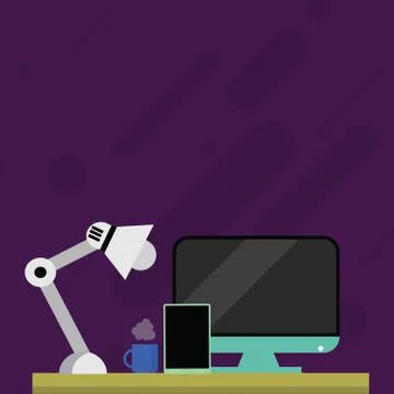 Simple Arrangement of Workspace of Night Worker. Blank Monitor Screen of Stock Illustration