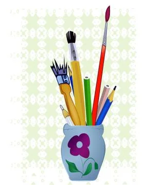 Simple art set in pot on an abstract background, pencils, brushes Stockillustratie