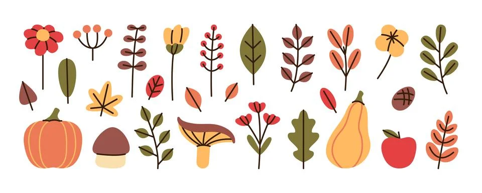 Simple autumn design elements set. Group of object is leaf, mushroom, flower, Stock Illustration