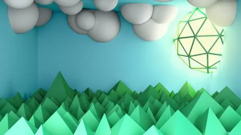 Simple background blue room with balls in the form of coils and pyramids in t Stock Illustration