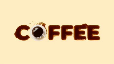 Simple background for a coffee shop. Split brown beverage creates words: coffee. Video stock 201105388