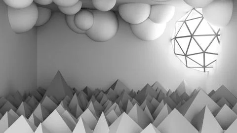 Simple background room with balls in the form of coils and pyramids in the fo Stock Illustration