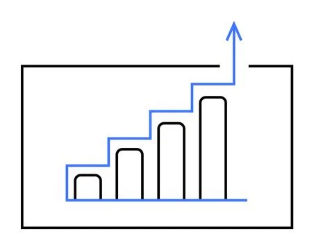 Simple Bar Graph with Stepped Arrow Indicating Growth in Black and Blue Color Stock Illustration