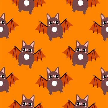 Simple bat hand drawn Halloween seamless pattern on orange background. Vector Stock Illustration