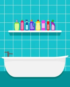 Simple bathroom interior with bath and shelf, contained bottles of detergent, Stock Illustration