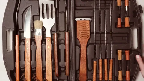 Simple BBQ cooking set in plastic case. Stock-Footage 91563682