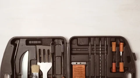 Simple BBQ cooking set in plastic case. Stock-Footage 91563766