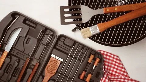 Simple BBQ cooking set in plastic case. Stock-Footage 91563781