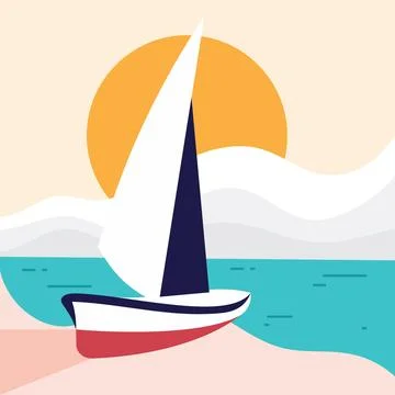 Simple beach landscape with sailboat for element design in flat style Stock Illustration