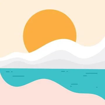 Simple beach landscape with sun for element design in flat style Stock Illustration