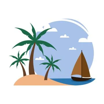 Simple Beach Palm Trees Small Boat Travel Island Illustration Stock Illustration
