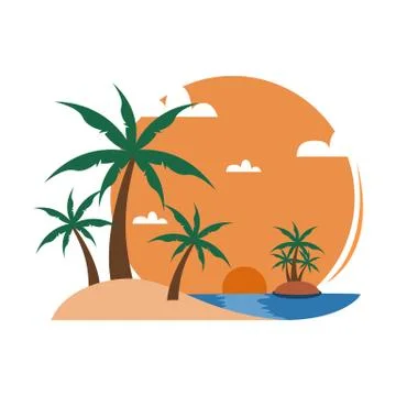 Simple Beach Palm Trees Sunset View Travel Island Illustration Stock Illustration