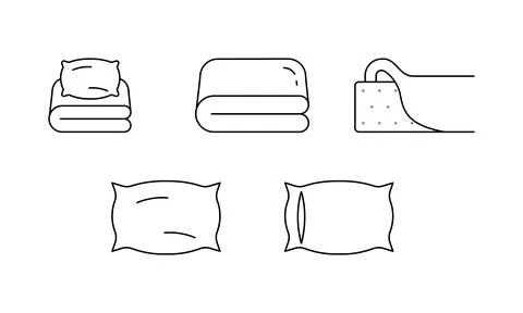 Simple bed linen set, vector outline icons. EPS 10. With pillows, pillow case Stock Illustration