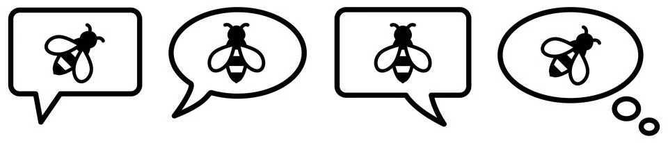 Simple bee icon in speech bubble, different version. Ask, talk or think abo.. Ilustração Stock
