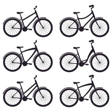 Simple bicycles silhouettes with different frames and handlebars, set. Vector Illustrazione stock