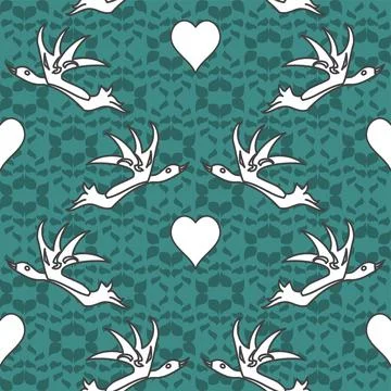 Simple Birds And hearts Repeat Pattern In White And Teal Green Stock Illustration