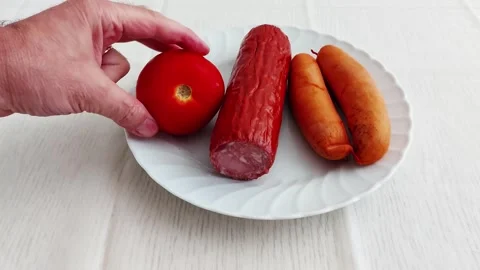 Simple Bites: Tomato, Salami Sausage Plate Stock Footage 311637372