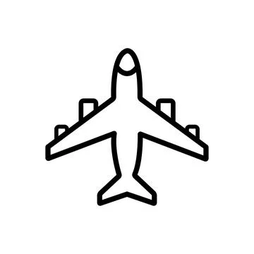 A simple black airplane icon with white background shows a top view of aviati Stock Illustration