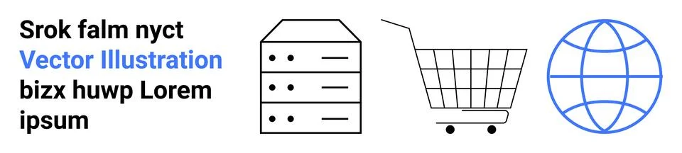 Simple black and blue vector icons of a server, shopping cart, and globe next Stock Illustration