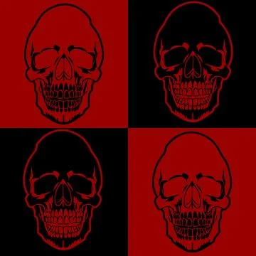 Simple black and red seamless symmetrical tile pattern of human skulls, tex.. Stock Illustration