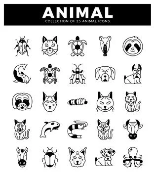 Simple black and white animal icons on a white background. Stock Illustration