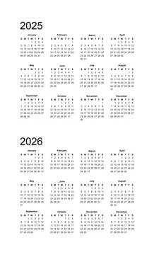 Simple black and white calendar week starts on Sunday for 2025 2026 Stock Illustration