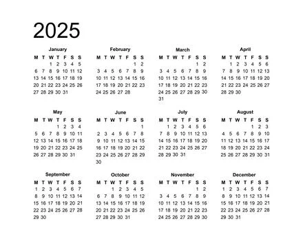 Simple black and white calendar week starts on Monday for 2025 year Stock Illustration