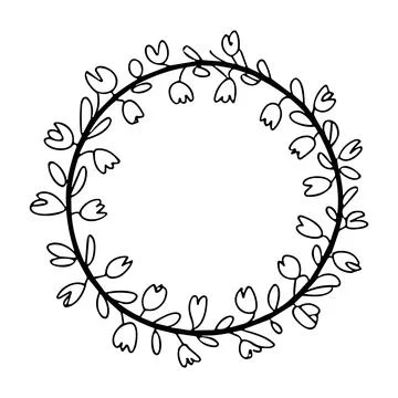 Simple black and white circular floral wreath design with tulip flowers Stock Illustration