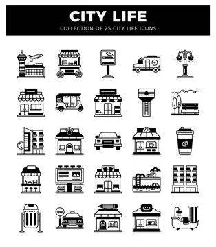 Simple black and white city life icons. Ilustración de archivo