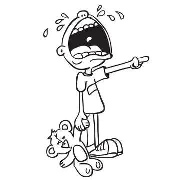 Simple black and white crying boy with bear toy Stock Illustration