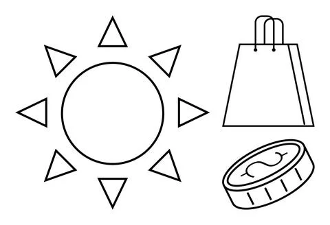 Simple black-and-white design with sun, shopping bag, and coin represents s.. Stock Illustration