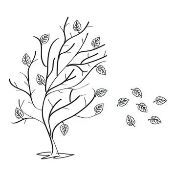 Simple black and white drawing of a tree with falling leaves Stock Illustration