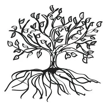 Simple black and white drawing of a tree with roots and leaves Stock Illustration