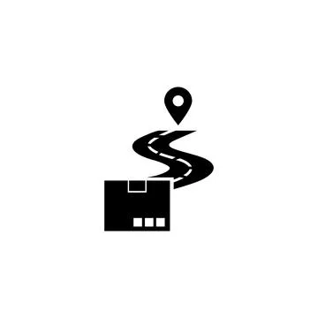 A simple black and white icon depicting a package delivery with a route and.. Stock Illustration
