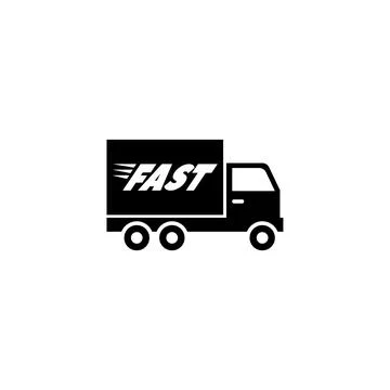 A simple black and white icon depicting a delivery truck with the word FAST.. Stock Illustration